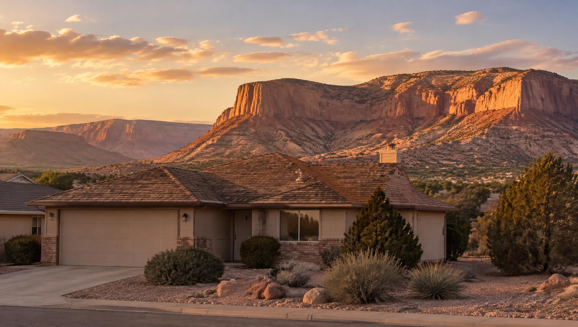 Grand Junction home at golden hour with the red rock cliffs of the Colorado National Monument behind it